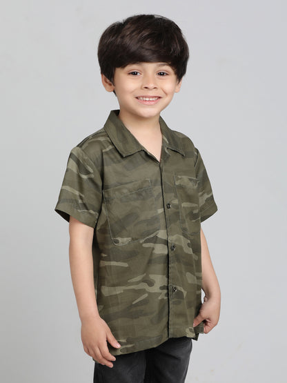 Boys Olive Cotton Half Sleeve  Camouflage Print Shirt