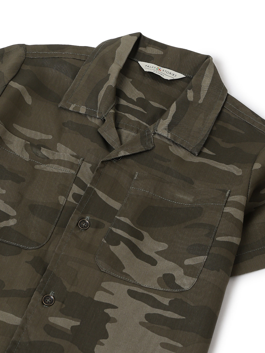 Boys Olive Cotton Half Sleeve Camouflage Print Shirt