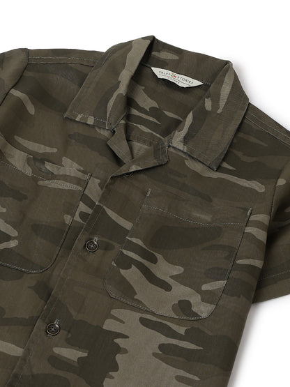 Boys Olive Cotton Half Sleeve Camouflage Print Shirt