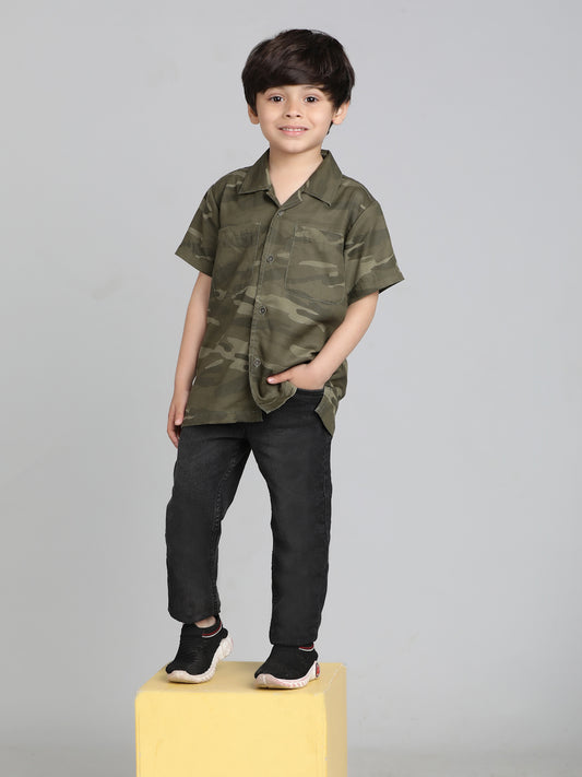 Boys Olive Cotton Half Sleeve  Camouflage Print Shirt