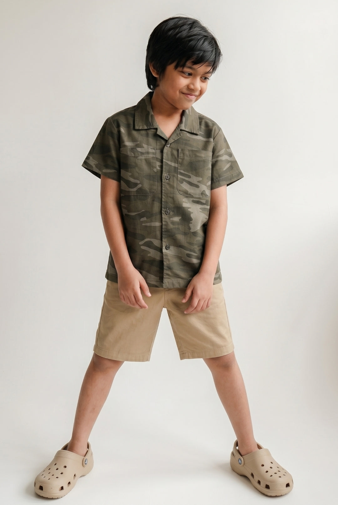 Boys Olive Cotton Half Sleeve Camouflage Print Shirt