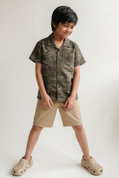 Boys Olive Cotton Half Sleeve Camouflage Print Shirt