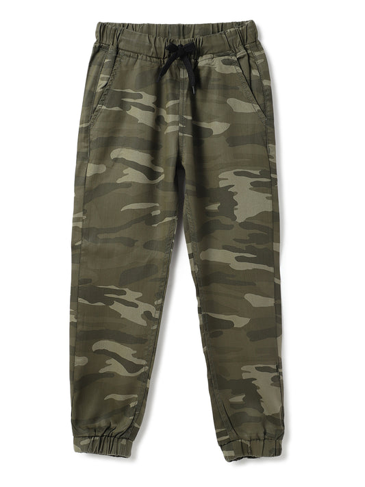 Boys Olive Cotton Print Slim Fit Jogger