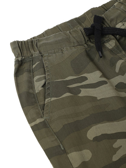 Boys Olive Cotton Print Slim Fit Jogger