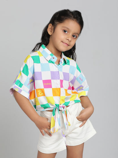 Girls Multi Color Checkered Crop Spread Collar Half Sleeve Shirt