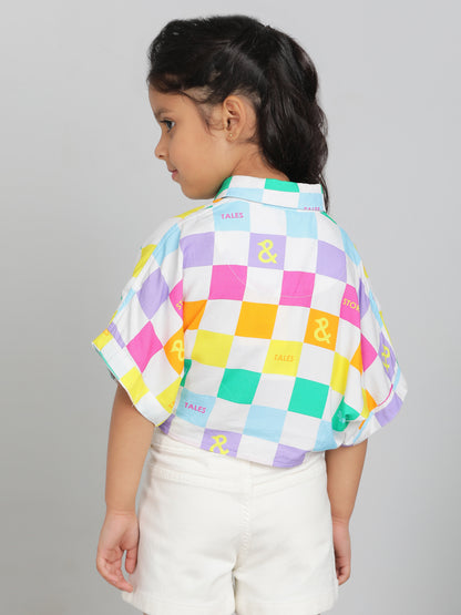 Girls Multi Color Checkered Crop Spread Collar Half Sleeve Shirt