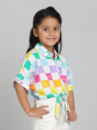 Girls Multi Color Checkered Crop Spread Collar Half Sleeve Shirt