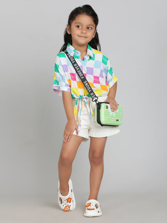 Girls Multi Color Checkered Crop Spread Collar Half Sleeve Shirt
