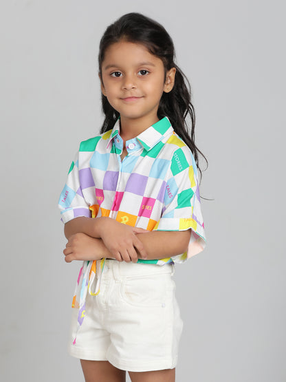 Girls Multi Color Checkered Crop Spread Collar Half Sleeve Shirt