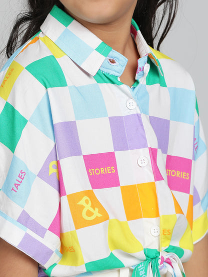 Girls Multi Color Checkered Crop Spread Collar Half Sleeve Shirt