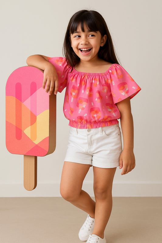 Girls Pink Printed Half Sleeve Round Neck Soft Viscose Crop Top