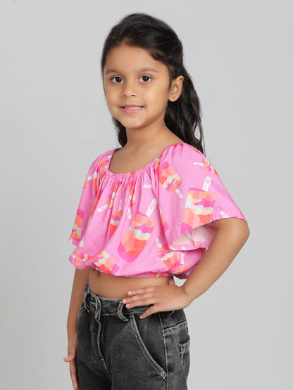 Girls Pink Printed Half Sleeve Round Neck Soft Viscose Crop Top