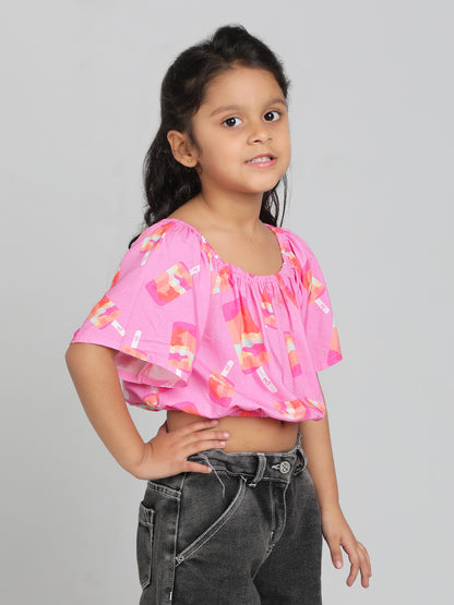 Girls Pink Printed Half Sleeve Round Neck Soft Viscose Crop Top