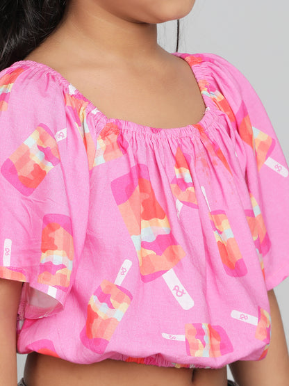 Girls Pink Printed Half Sleeve Round Neck Soft Viscose Crop Top