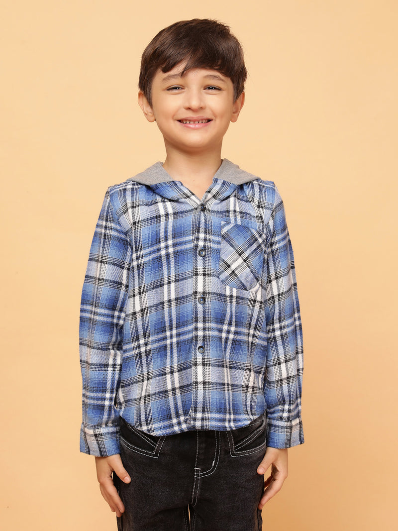 Boys Blue & White Checks Cotton Poly Hooded Shirt