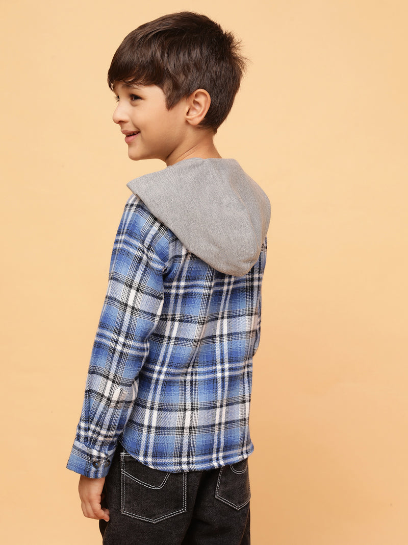 Boys Blue & White Checks Cotton Poly Hooded Shirt