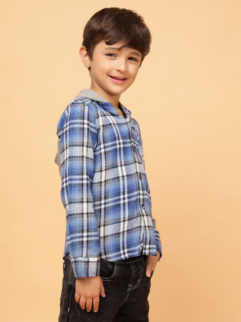 Boys Blue & White Checks Cotton Poly Hooded Shirt