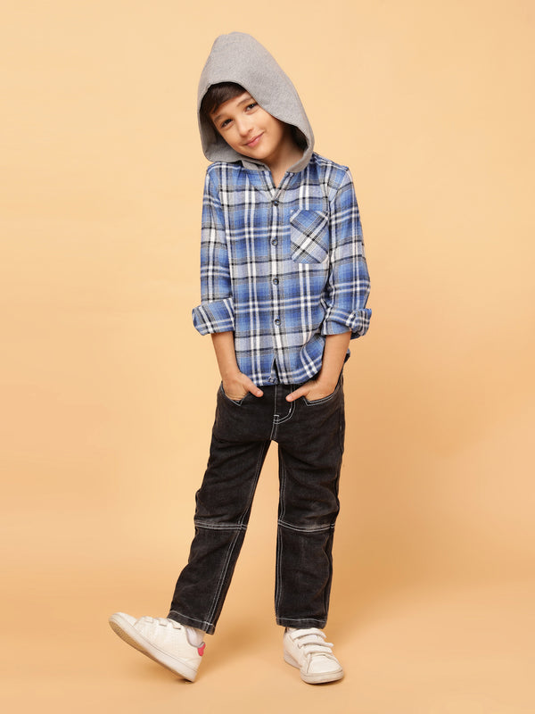 Boys Blue & White Checks Cotton Poly Hooded Shirt