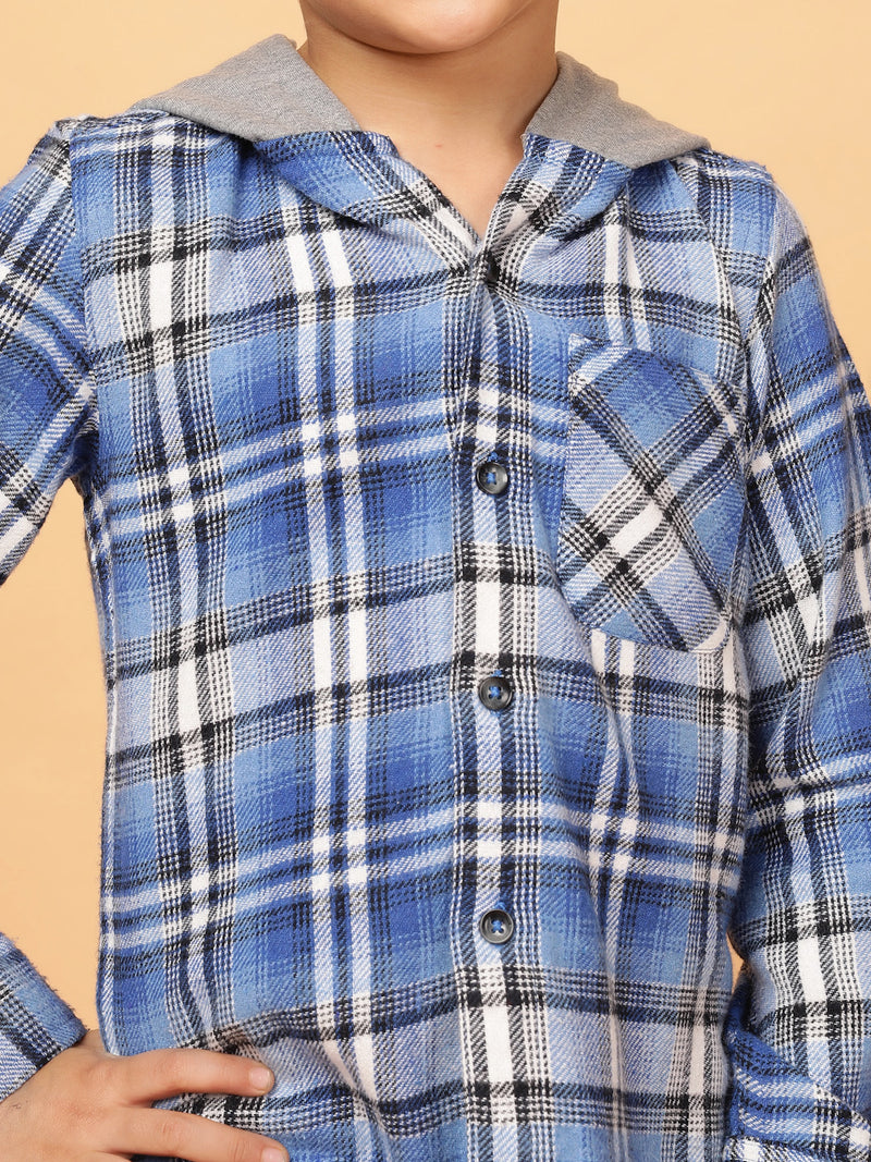 Boys Blue & White Checks Cotton Poly Hooded Shirt