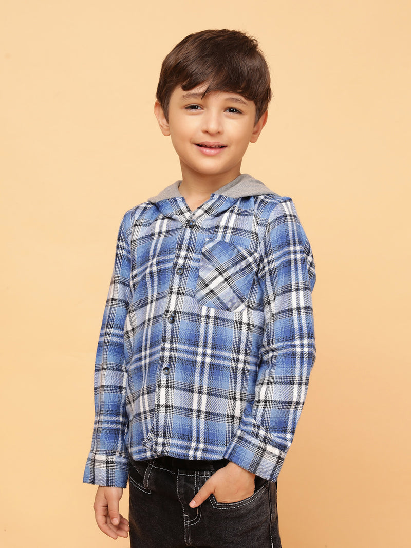 Boys Blue & White Checks Cotton Poly Hooded Shirt