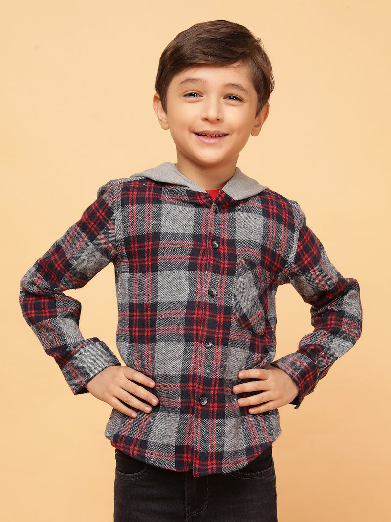 Boys Charcoal & Red Checks Cotton Poly Shirt