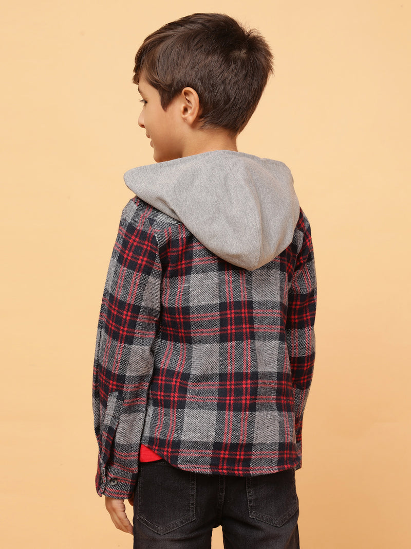 Boys Charcoal & Red Checks Cotton Poly Shirt