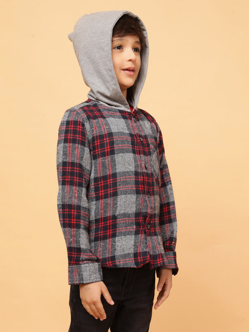 Boys Charcoal & Red Checks Cotton Poly Shirt