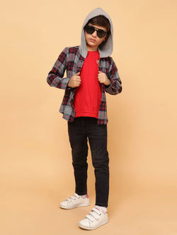 Boys Charcoal & Red Checks Cotton Poly Shirt