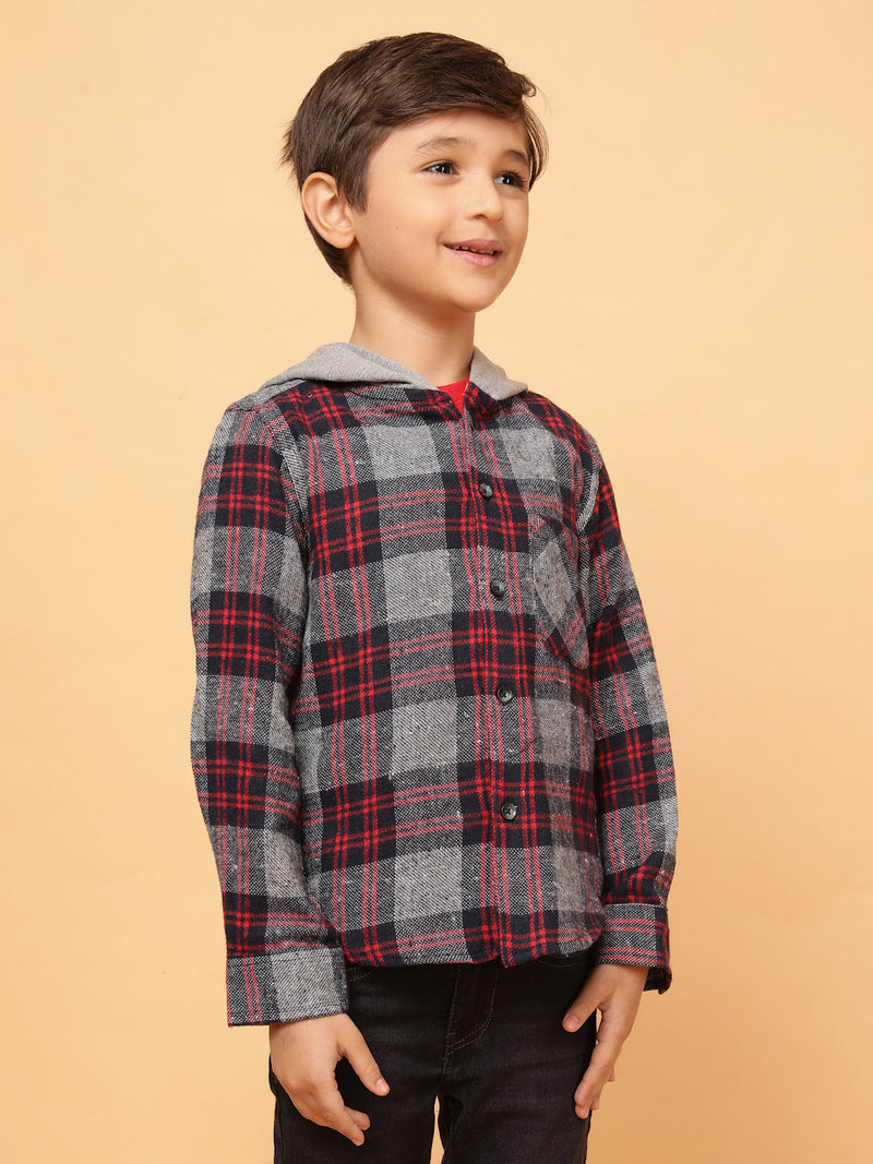 Boys Charcoal & Red Checks Cotton Poly Shirt