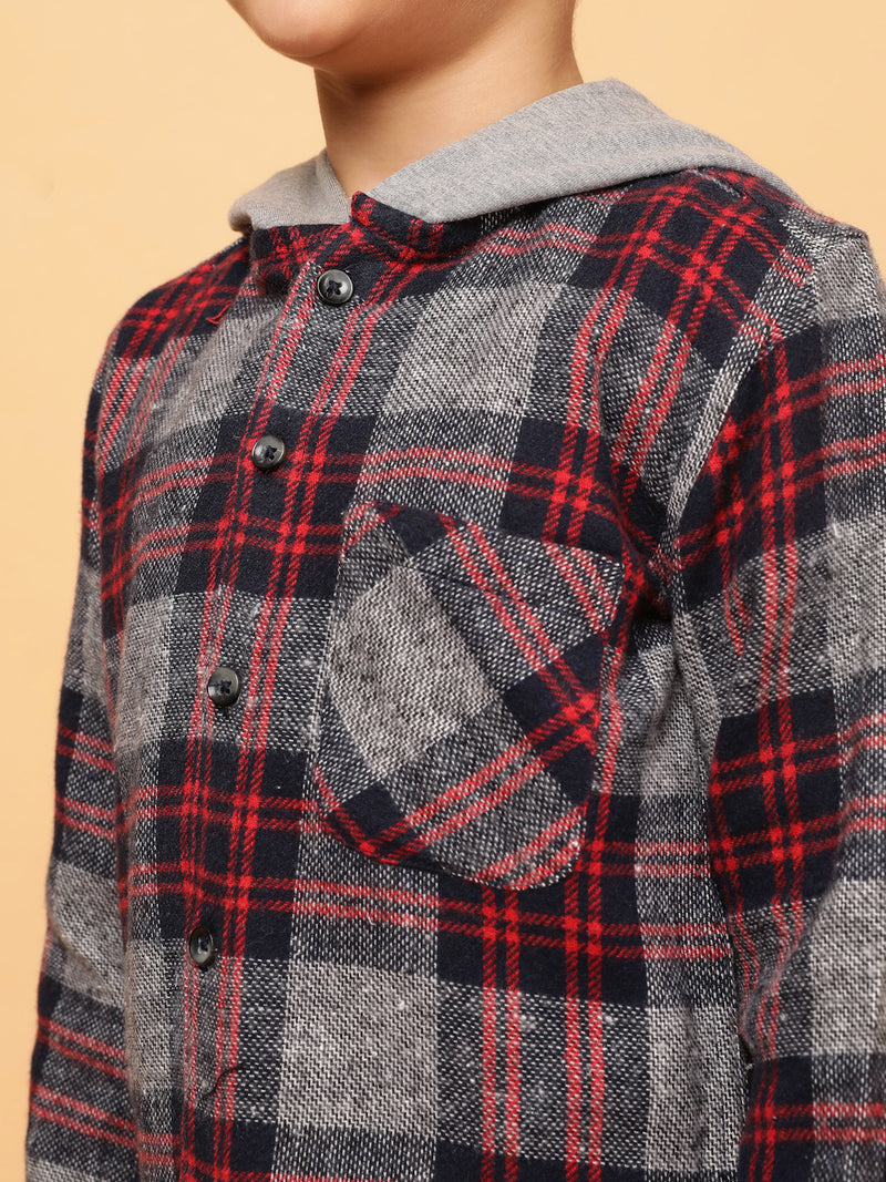 Boys Charcoal & Red Checks Cotton Poly Shirt