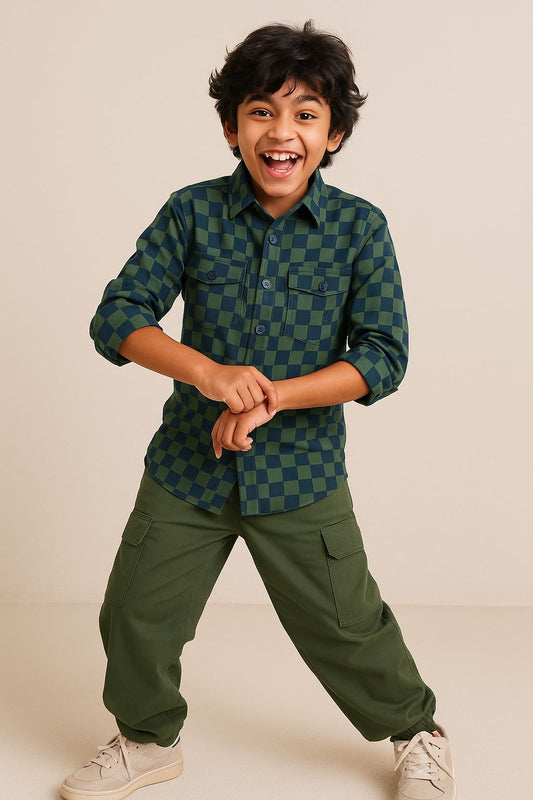 Boys Green Cotton Checks Shirt