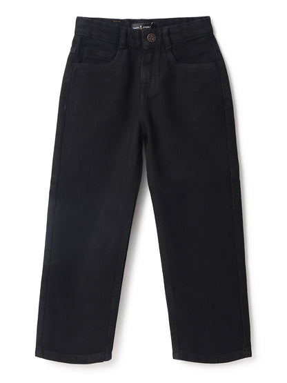 Boys Black Cotton Poly Washed Baggy Fit Jeans
