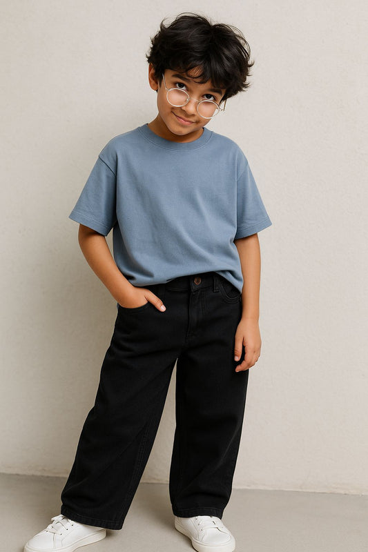 Boys Black Cotton Poly Washed Baggy Fit Jeans