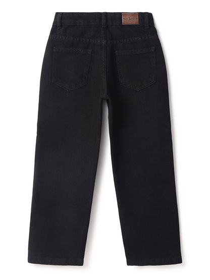 Boys Black Cotton Poly Washed Baggy Fit Jeans