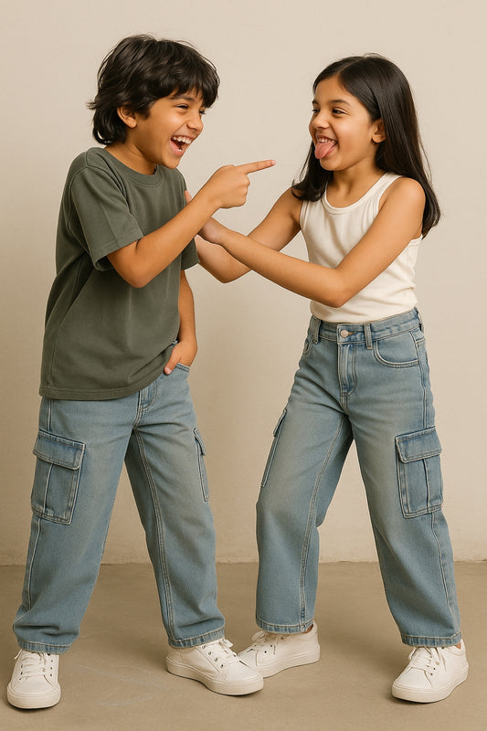 Boys & Girls Cotton Poly Washed Denim Green Dad Fit Jeans