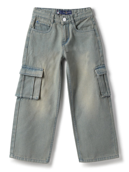 Boys & Girls Cotton Poly Washed Denim Green Dad Fit Jeans