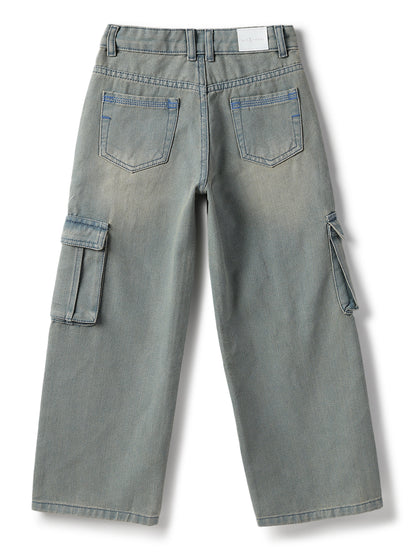 Boys & Girls Cotton Poly Washed Denim Green Dad Fit Jeans