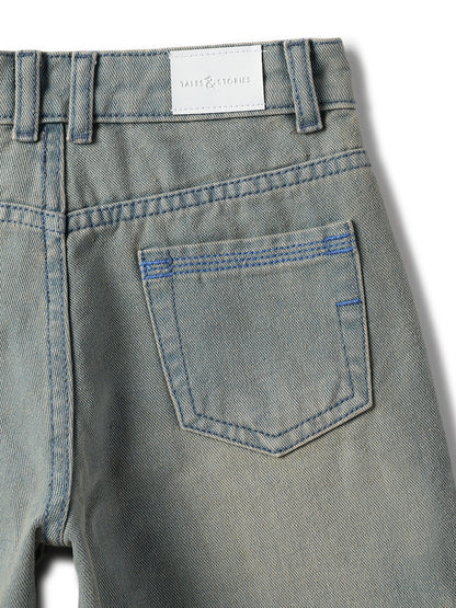 Boys & Girls Cotton Poly Washed Denim Green Dad Fit Jeans