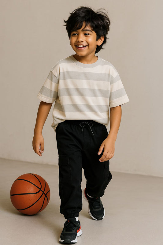 Boys Lycra Washed Black Baggy Fit Joggers