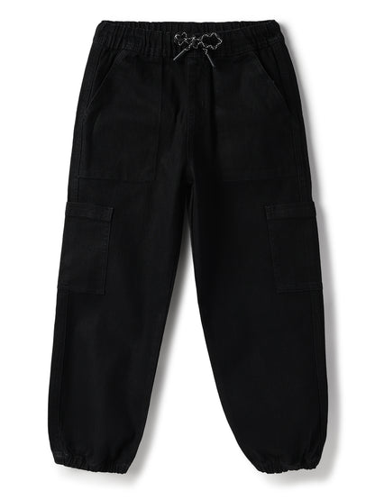 Boys Lycra Washed Black Baggy Fit Joggers