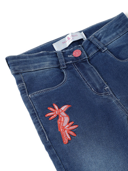 Girls Lycra Embroidered Stretchable Skinny Fit Blue Jeans