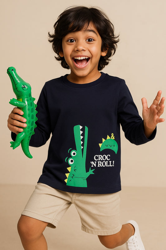 Boys Cotton Navy Blue T-Shirt