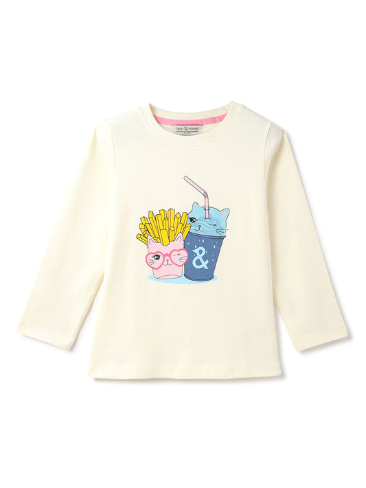 Girls Off White Cotton Printed  T-Shirt