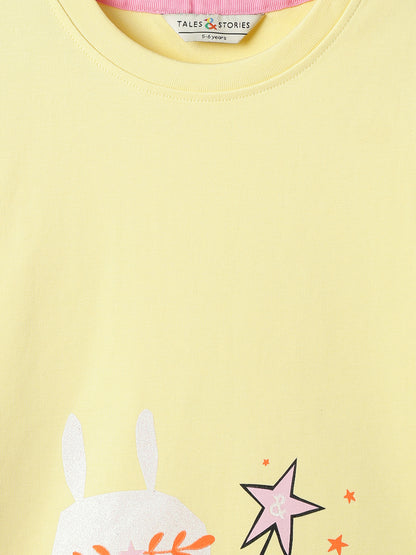 Girls Yellow Cotton Printed T-Shirt