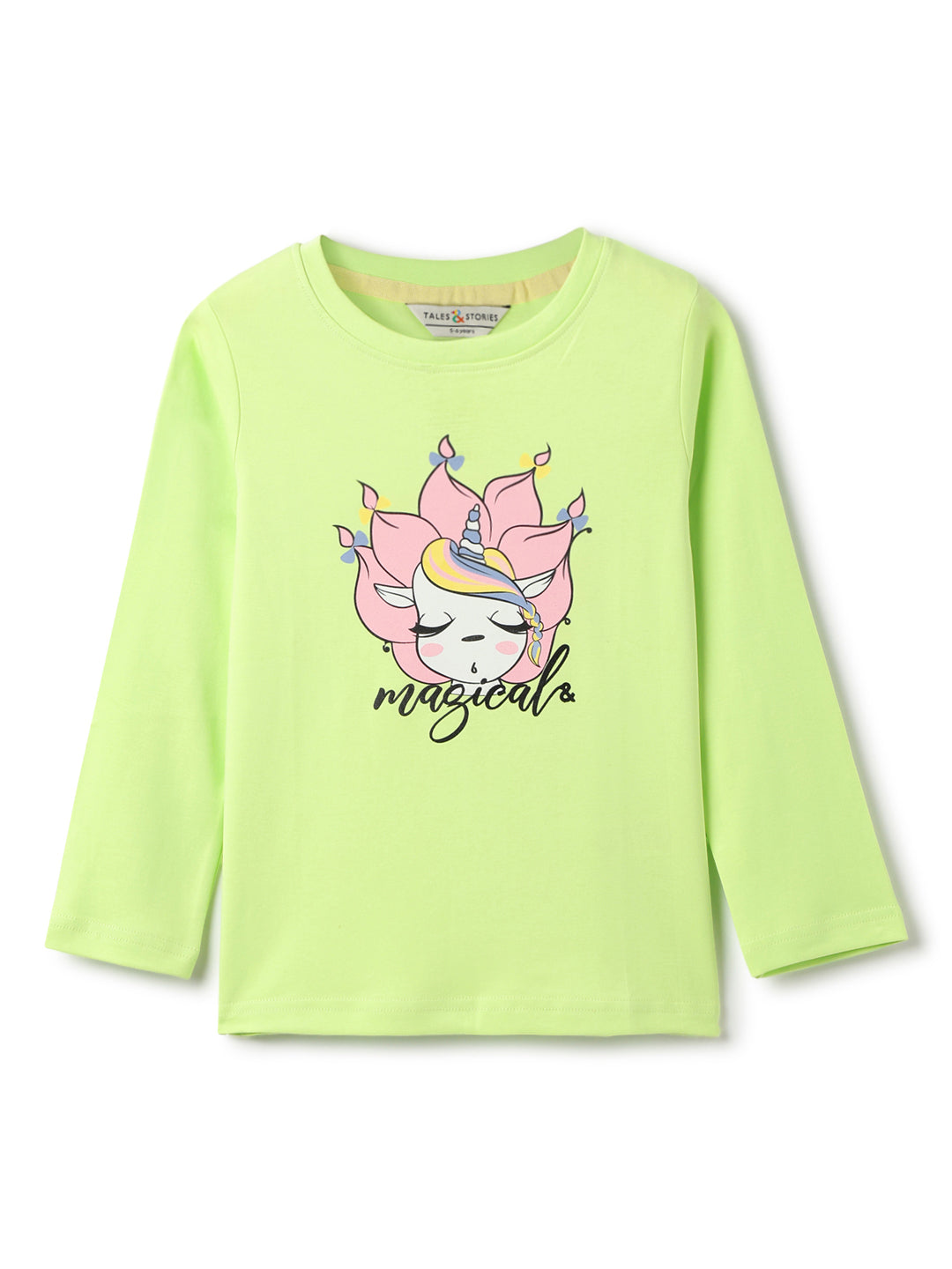 Girls Cotton Green Neon Printed T-Shirt