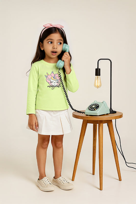Girls Cotton Green Neon Printed T-Shirt