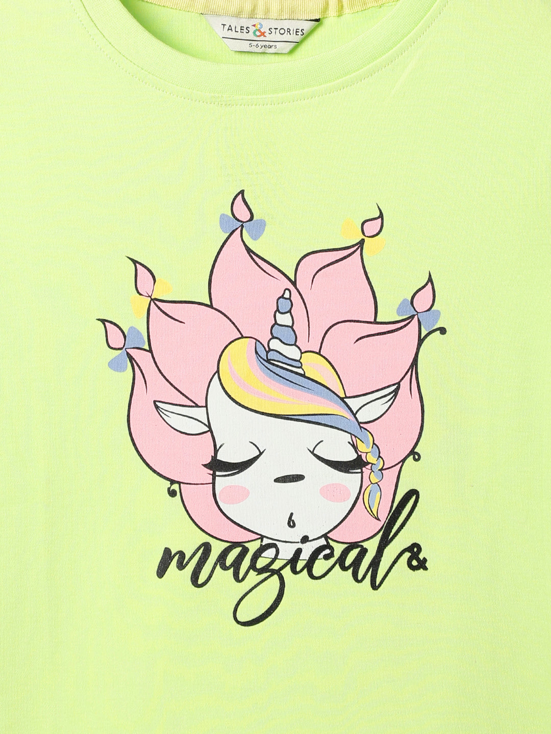 Girls Cotton Green Neon Printed T-Shirt