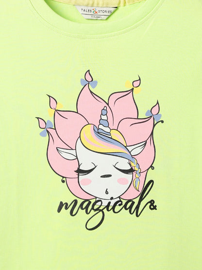 Girls Cotton Green Neon Printed T-Shirt