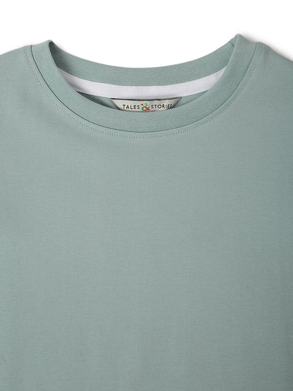 Girls Aqua Green Cotton Floral Embroidery T-Shirt