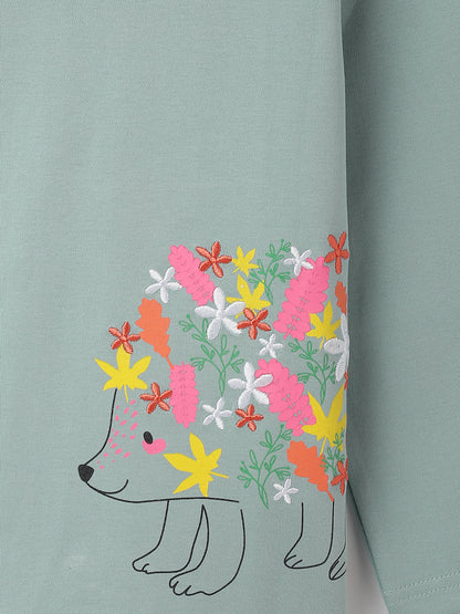 Girls Aqua Green Cotton Floral Embroidery T-Shirt